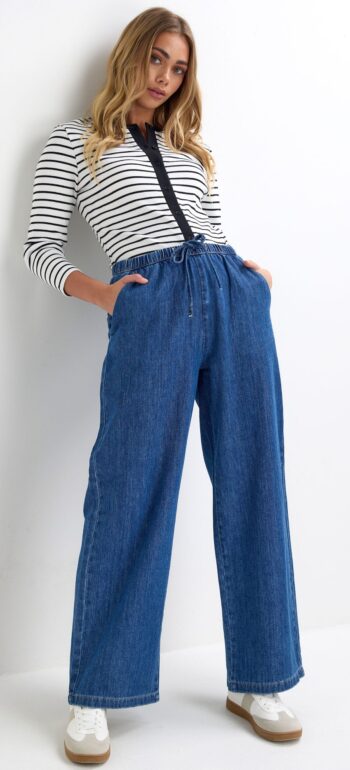 denim365 dark blue elastic waist wide leg jeans